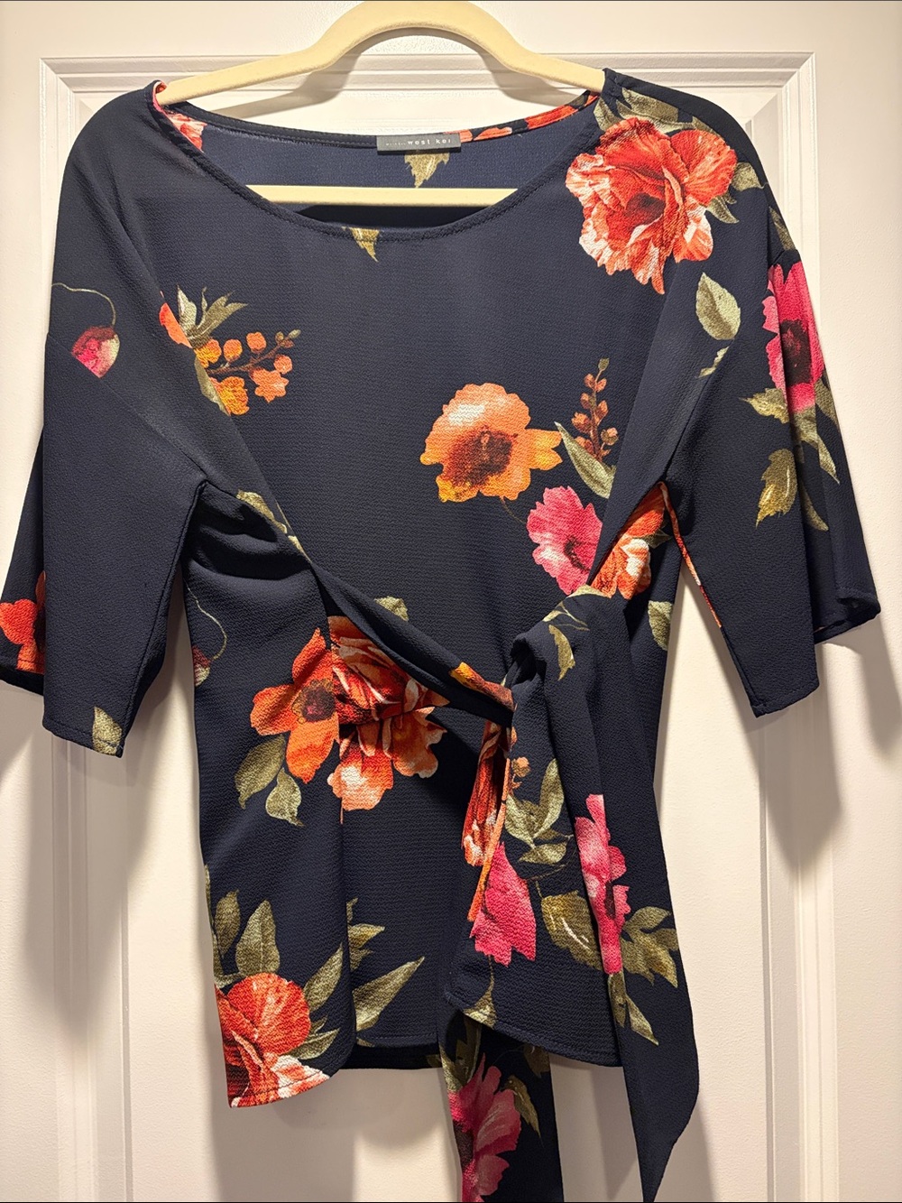 West Kei Navy Floral Tie-Waist Blouse with Coral & Pink Flowers